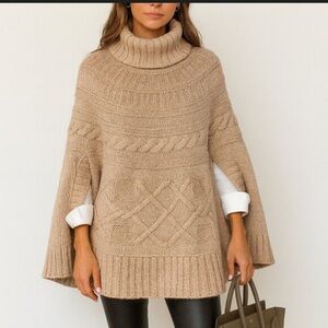 Cocogio Cream Color Italy Cable Knit Cowl Neck Pullover Poncho Sweater One Size.